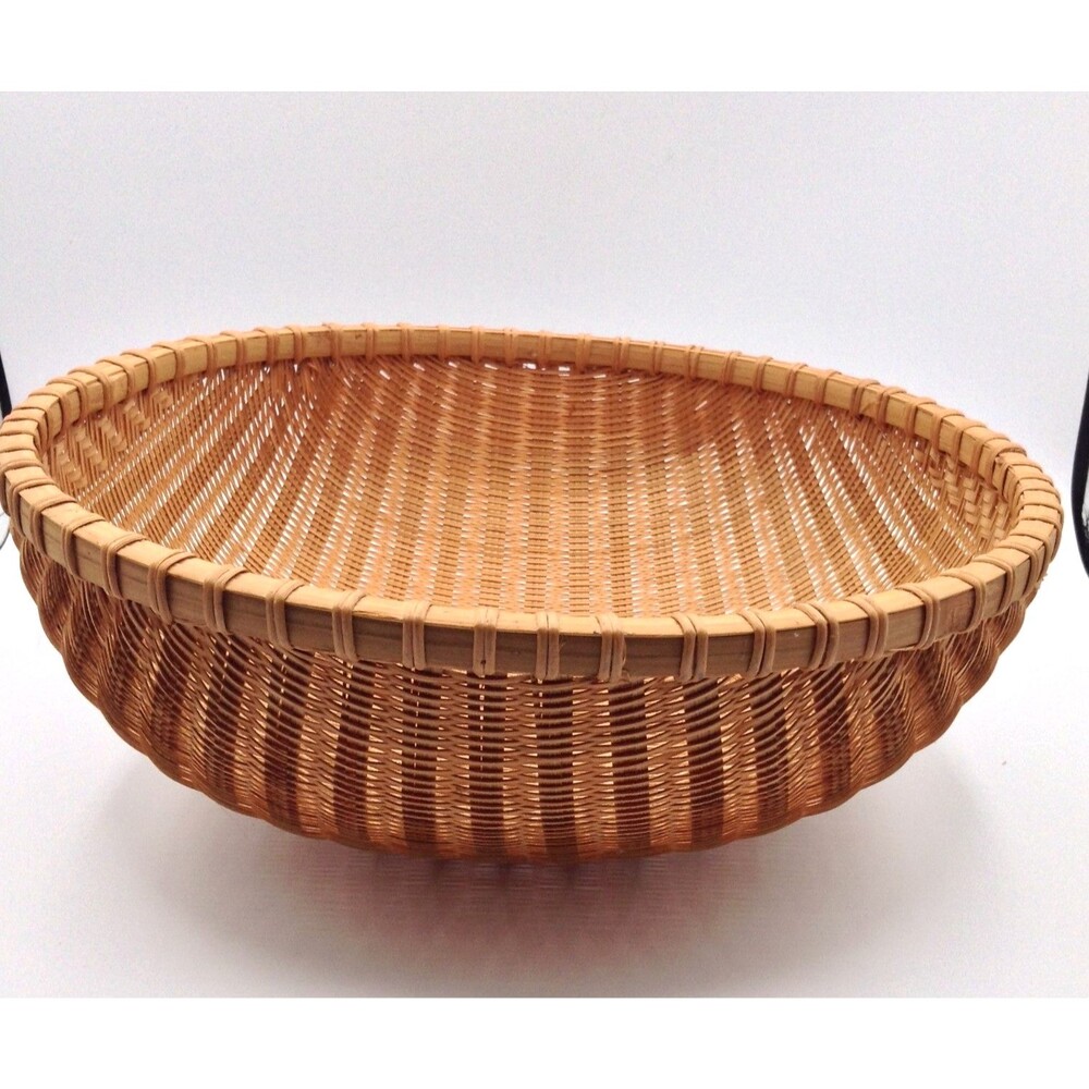 Vtg Bamboo Woven Basket Round Handmade Storage Gathering Bowl Boho Farmhouse 13"